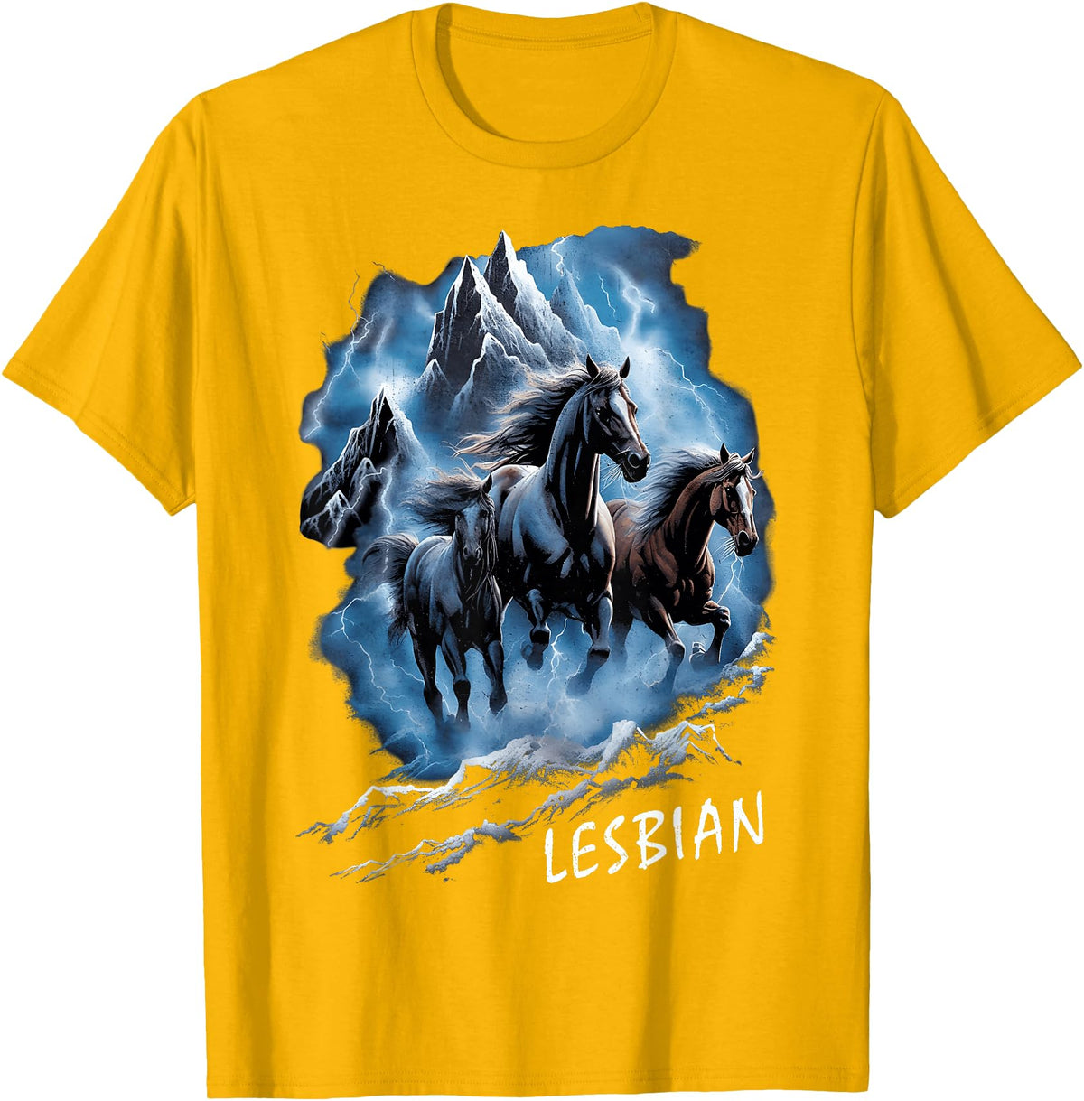 Horses Running Through Lightning Lesbian 90s Vintage Pride T-Shirt - Golden Yellow