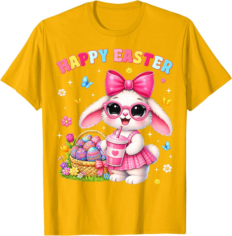 Happy Easter Coquette Easter Egg Rabbit Bunny Women Girl Kid T-Shirt in Golden Yellow