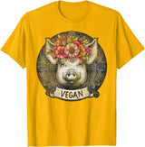 Pig with Flowers Vegan Retro Products Pig with Flowers Vegan Retro – Boho Hippie Cute T-Shirt - Golden Yellow