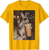 Rabbit Drinking Iced Coffee Funny Easter Bunny Men Women T-Shirt in Golden Yellow
