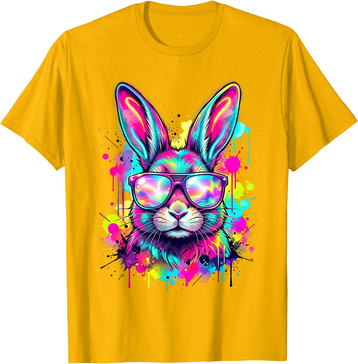 Happy Easter Bunny Face Tie Dye Bunny Rabbit with Glasses T-Shirt in Golden Yellow