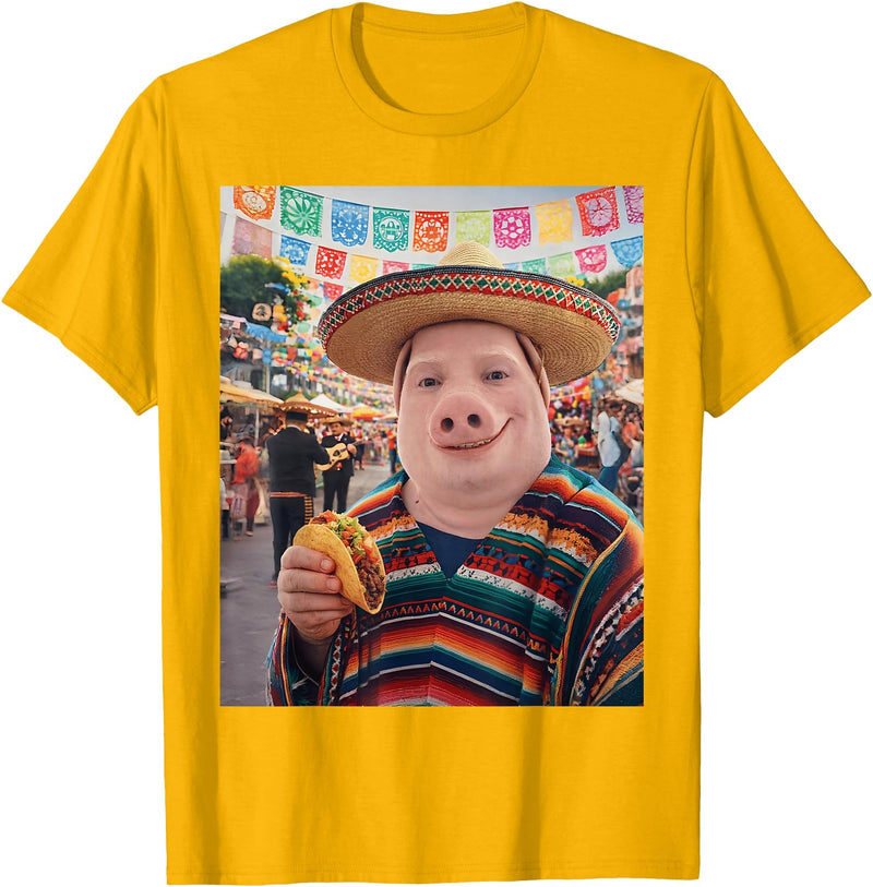 Pig John Pork Mexico Meme John Pork Funny Pig Man Mexican Fiesta Cinco de Mayo Taco T-Shirt - Golden Yellow