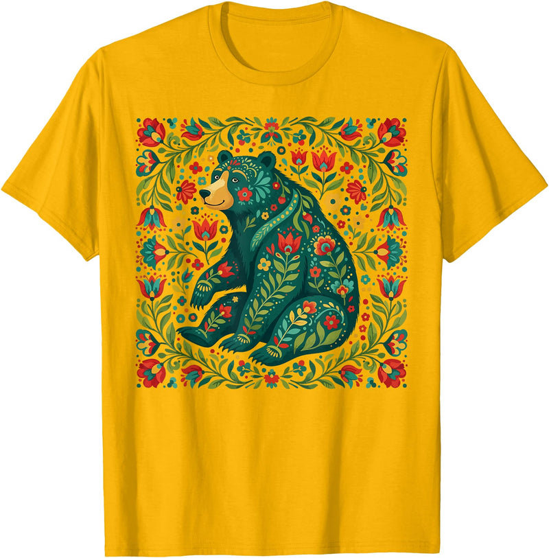 Nordic Scandinavian Folk Art Flower Designs Scandinavian Folk Art Bear Floral Pattern Nordic Animal T-Shirt - Golden Yellow