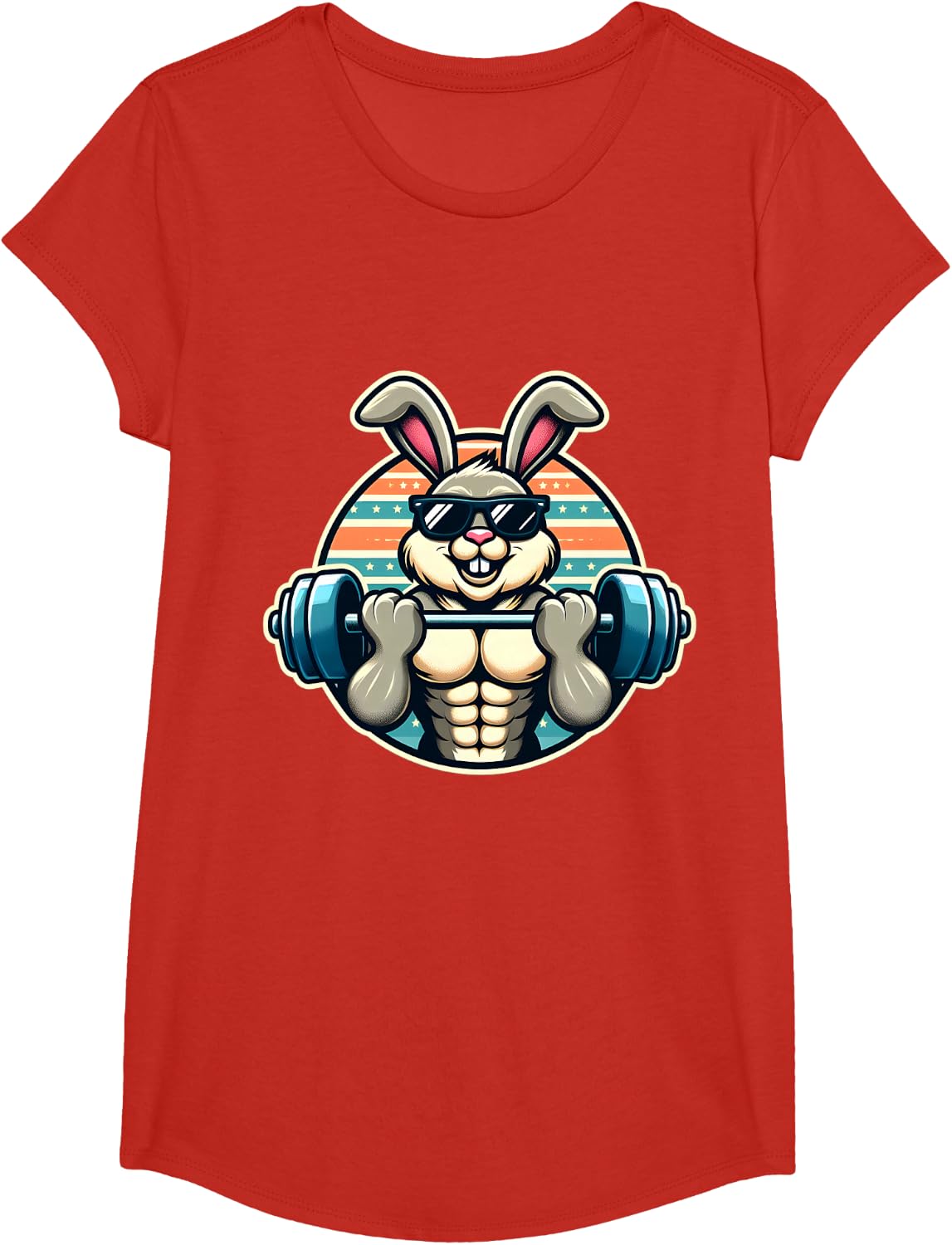 Happy Easter Bunny Rabbit Lifting Weights Training Muscular T-Shirt - Girls Red