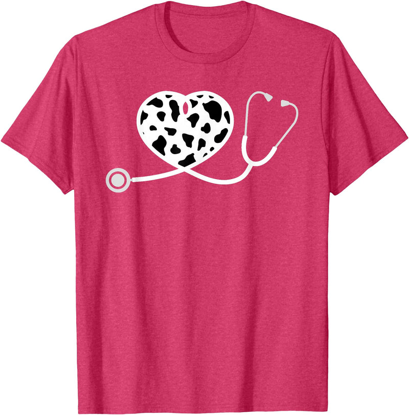 Cute Cow Print Design Stethoscope Gifts Him Her Cow Print Pattern Nurse Doctor Cardiology Stethoscope Heart T-Shirt - Red