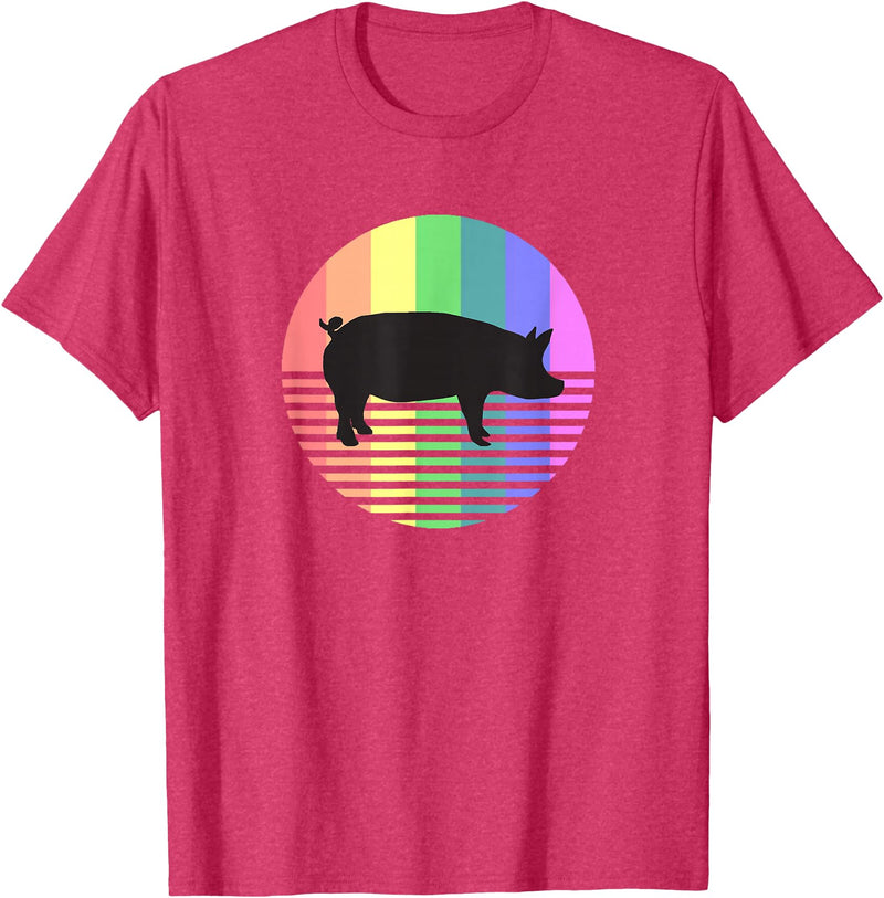 Animal Pride Retro Pig Gay Pride Vintage 80s Rainbow Pig Farm Animal Gift T-Shirt - Red Heather