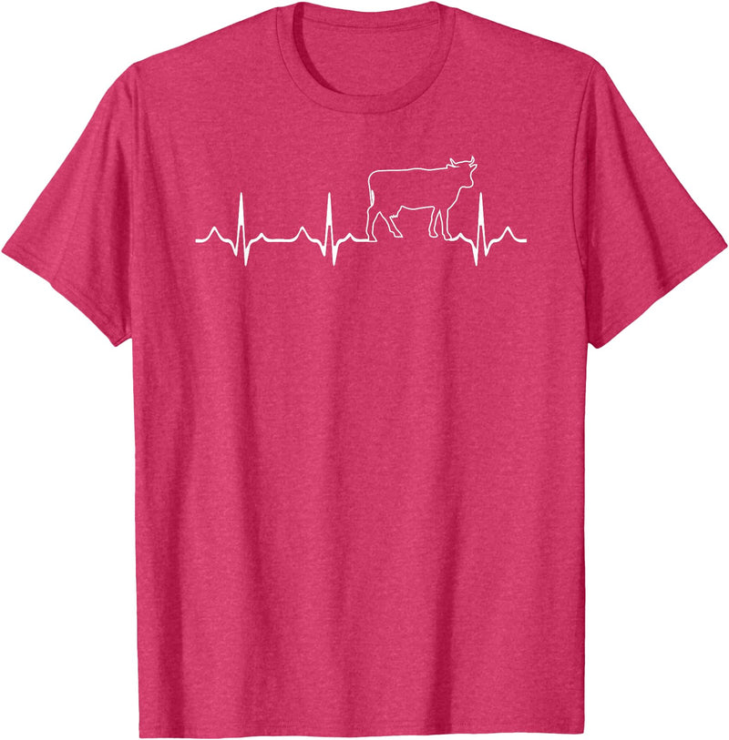 Cow Gifts for Cow Lovers Co. Cow Heartbeat - Farmer Rancher EKG Pulse Heartbeat Cow Lover T-Shirt - Red Heather
