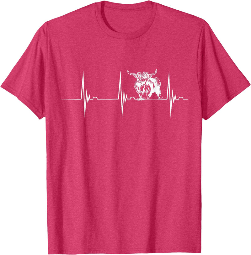 Loveable Highland Cows Hairy Coos Scottish Highland Cow Heartbeat EKG Pulse Highlander Cow T-Shirt - Red Heather