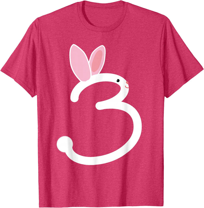 ThreeYear Old Gift Bunny Rabbit Numeral 3 for Girls and Boys T-Shirt in Red Heather