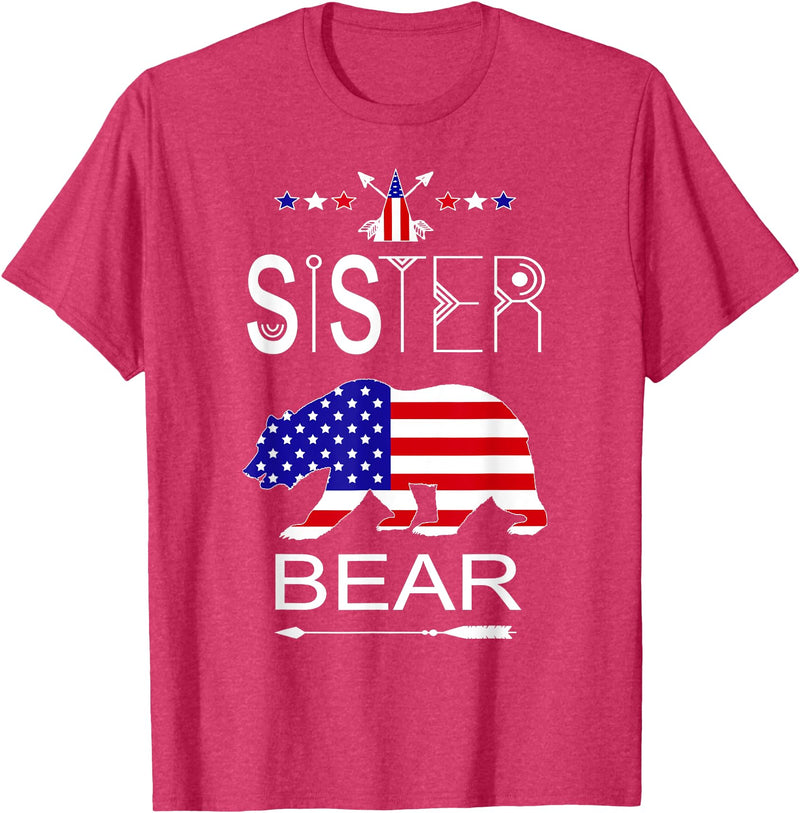 Patriotic Sister Bear Family Fun Sapphire Star Cool Patriotic Sister Bear Matching Family Flag 4th Of July T-Shirt - Red Heather