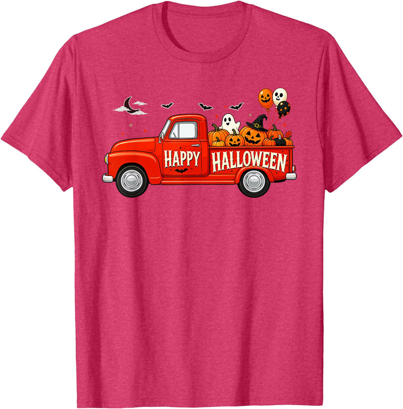 Spooky Harvest Cassic Pickup Truck Designs Classic Truck Happy Halloween Pumpkin Spooky Fall Farmhouse T-Shirt - Red Heather