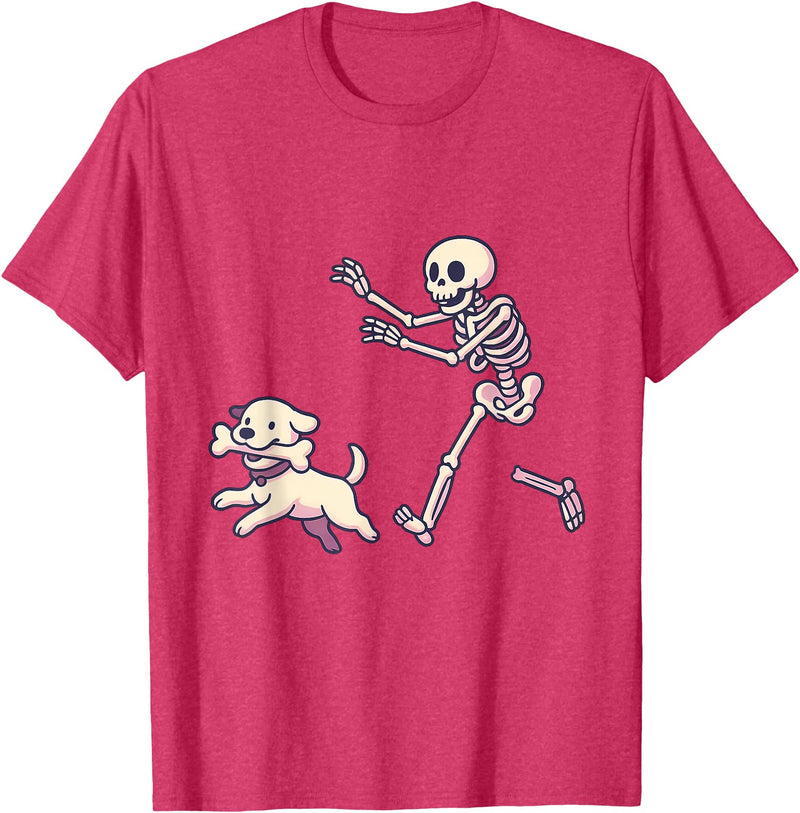 Funny Skeleton Dog Bone Halloween Kawaii Dog Steals Bone from Skeleton Running Halloween T-Shirt - Red Heather