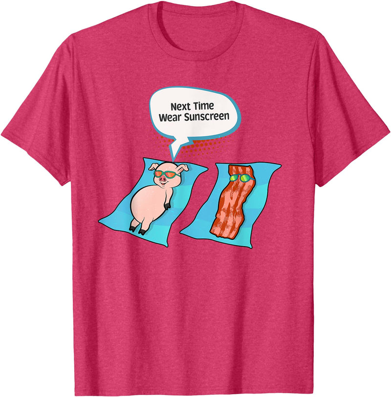 Bacon T Shirt Co Next Time Wear Sunscreen Funny Pig Bacon Sunbathing T-Shirt - Red Heather