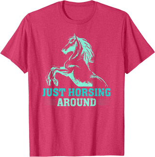 Funny Horse Lover Gifts Women Teen Girls Just Horsing Around Funny Horse Equestrian Riding Graphic T-Shirt - Red Heather