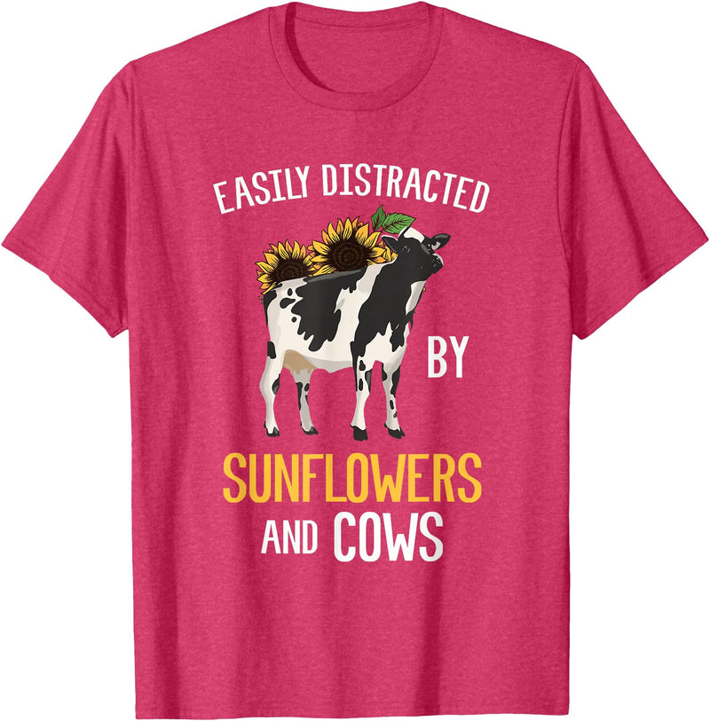 Funny Gift Idea for Sunflower and Cow Lovers Easily Distracted By Sunflowers and Cows T-Shirt - Red Heather