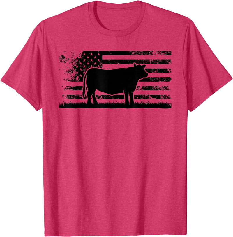 Funny Red Angus Rancher Gift for Cattle Lover USA American Flag - America Cow Red Angus Rancher T-Shirt - Red Heather