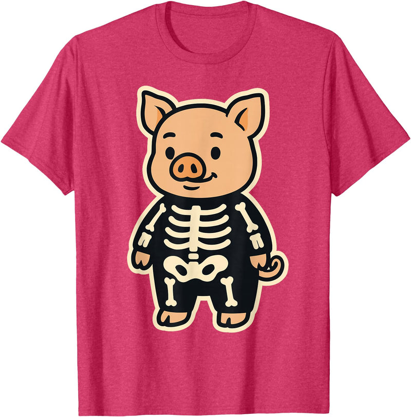 Spooky Cute Cartoon Animals in Halloween Outfits Funny Pig Skeleton Costume for Kids Boys Girls Halloween T-Shirt - Red Heather