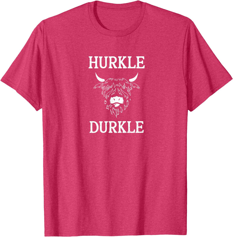 The Kilted Crow Hurkle Durkle Funny Scotland Highlands Cow Graphic T-Shirt - Red Heather