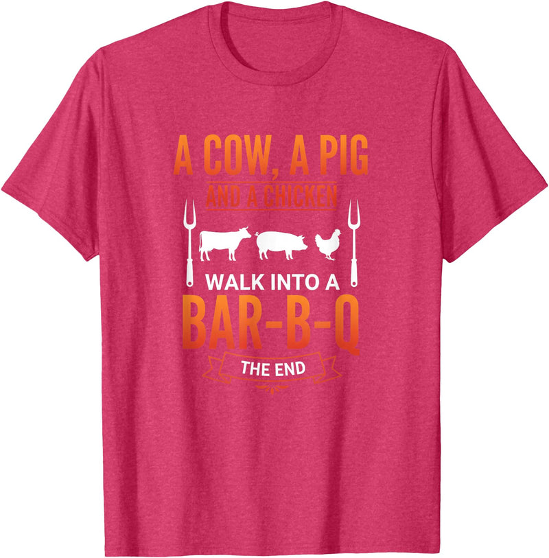 Bbq Humor Barbecue Grilling Pig Cow Chicken Funny A Cow A Pig and A Chicken Walk Into A Bar B Q Funny BBQ Gril T-Shirt - Red Heather