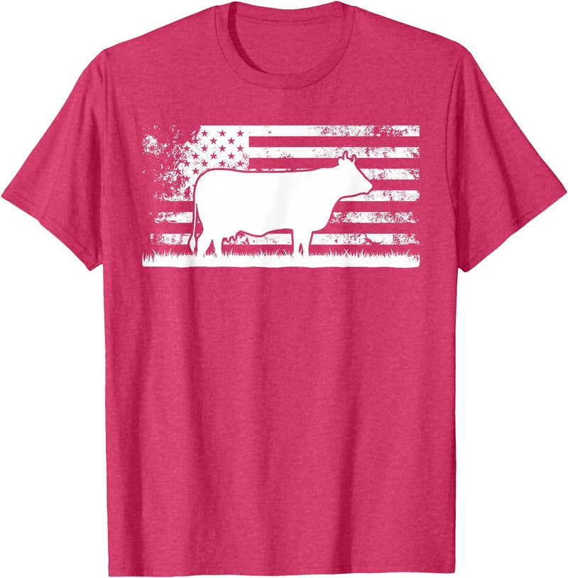 Funny Charolais Rancher Gift for Cattle Lover American Flag - American Cow Charolais Rancher T-Shirt - Red Heather