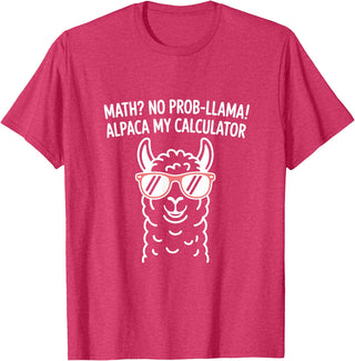 Pun Llama Animal Math Teacher Math No Prob llama Alpaca My Calculator Funny Pun Teacher T-Shirt - Red Heather