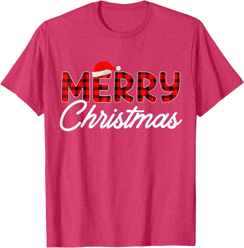 Merry Christmas Buffalo t -shir t Merry Christmas Buffalo Plaid Red Santa Hat Xmas Pajamas T-Shirt - Red Heather