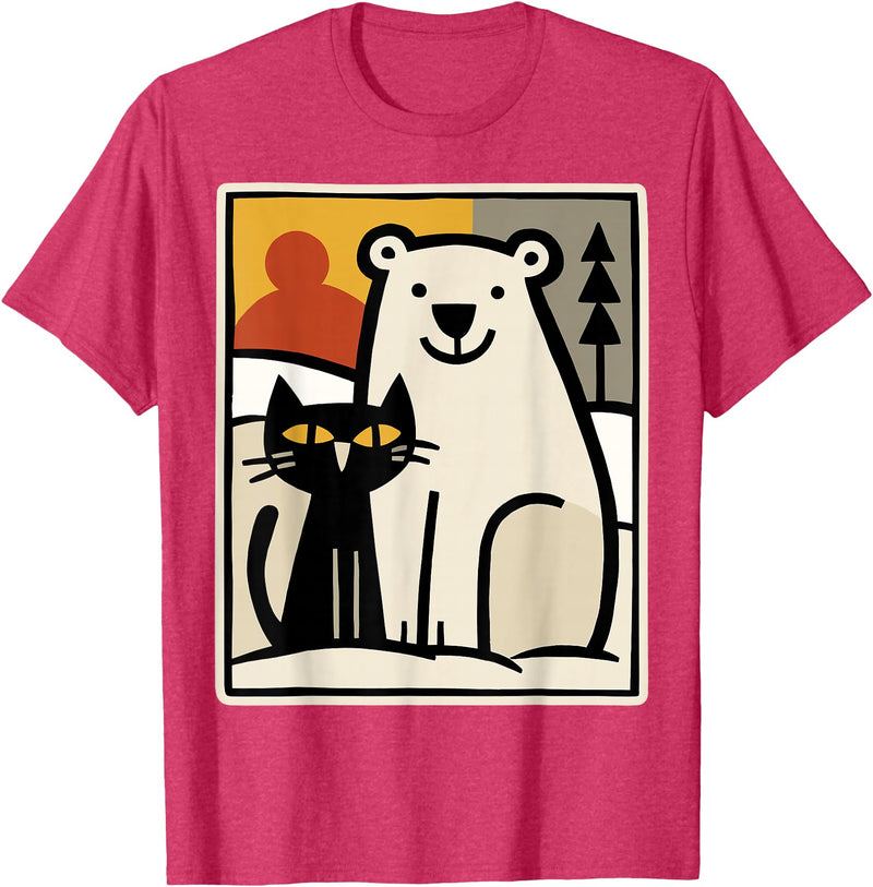 Utschki Bratschki Black Cat and Polar Bear Winter Animal Cute Snow Art T-Shirt - Red Heather