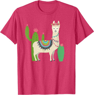 Captivaca Llama Shirts Cute Llama with Flower & Cactus/Llama Lover Gift T-Shirt Small - Red Heather