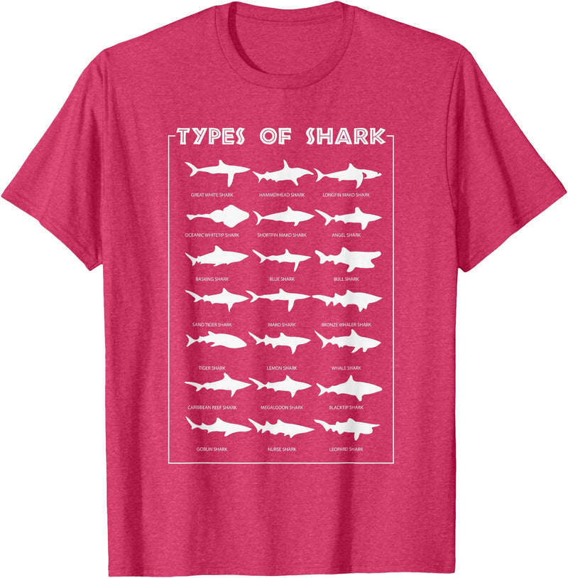 I Love Sharks Design T-Shirts 360 21 Types of Shark | Marine Biology Gift T-Shirt - Red Heather
