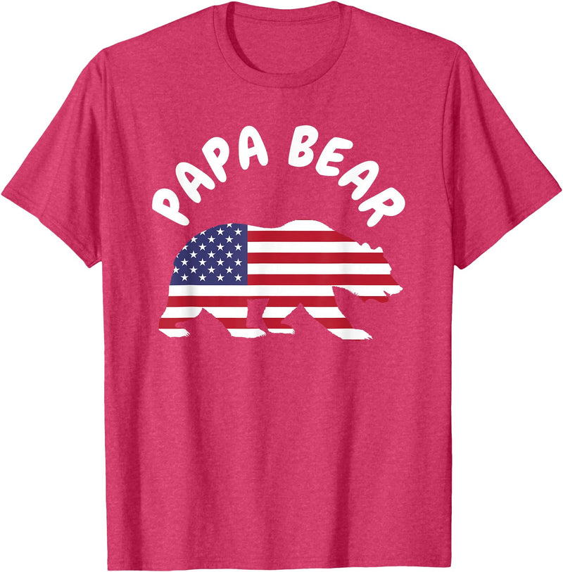 Papa Bear - Father's Day Birthday Papa Bear - Father's Day American Flag 4TH of July T-Shirt - Red Heather
