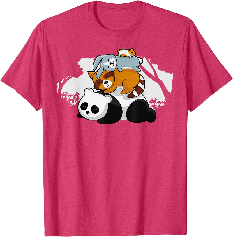Panda Raccoon Rabbit Hamster Pyramid Cute Sleeping Animals T-Shirt in Red Heather