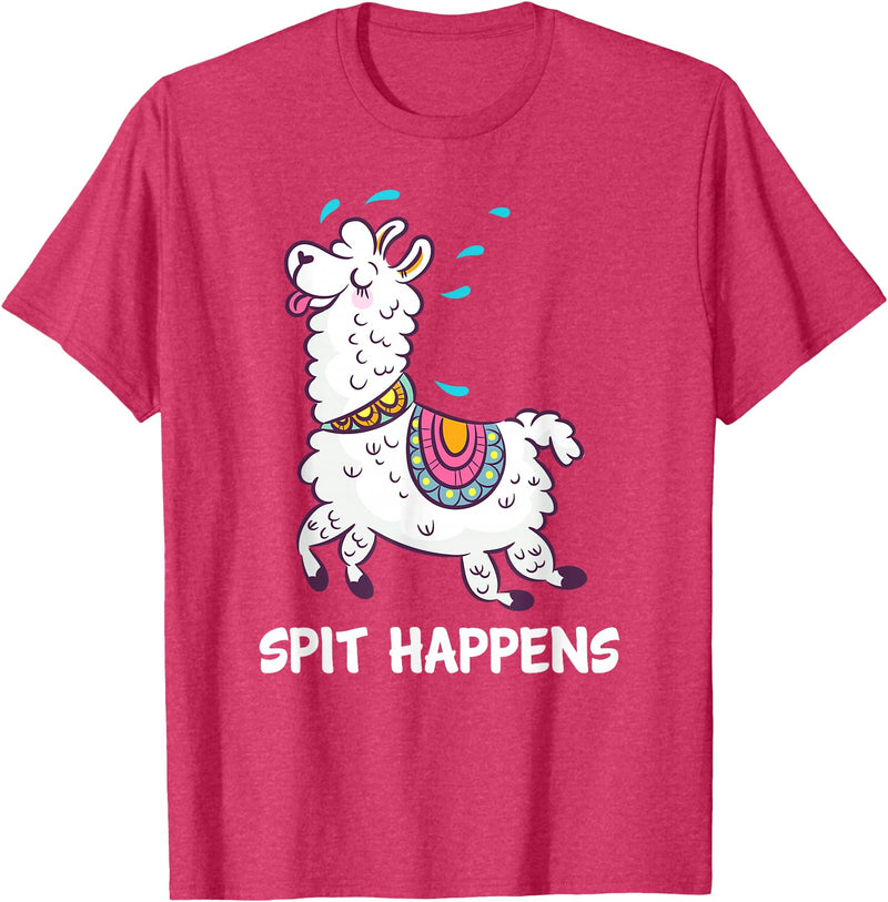 Funny Llama Pun by DSMD Spit Happens Llama Alpaca Lovers Funny Animal Pun T-Shirt - Red Heather