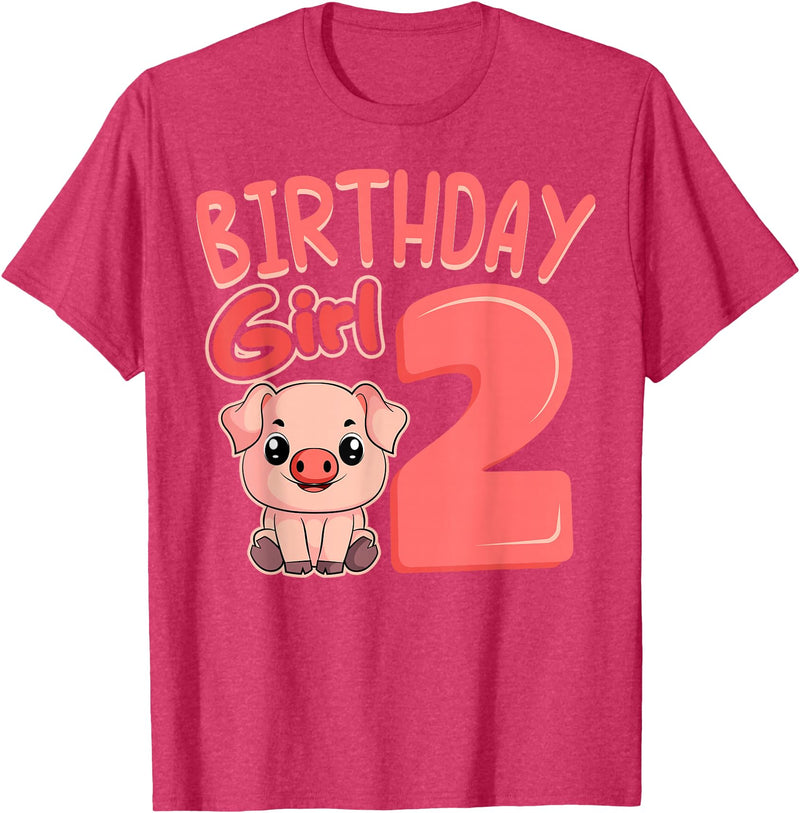 Pig Birthday 2 Cute Girl Farm Party Apparel Pig 2nd Birthday Girl Party Oink Farm Hog Farmyard Piggy T-Shirt - Red Heather
