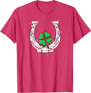 Lucky Clover Horses Co Horseshoe Lucky Four Leaf Clover Horse T-Shirt - Red Heather