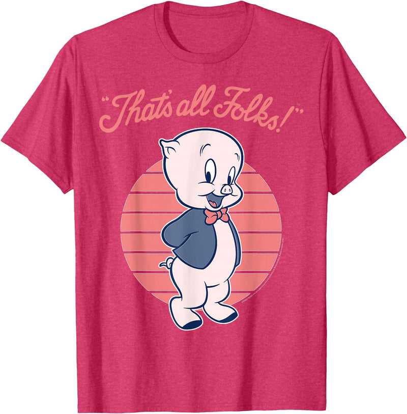 Looney Tunes Porky Pig That's All Folks Lined Portrait T-Shirt - Red Heather