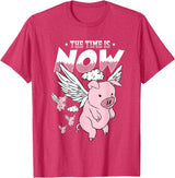 Flying Piggy Merch Co The Time Is Now Funny Flying Pig Magical Sky Bacon Pig Lover T-Shirt - Red Heather