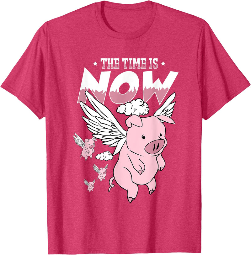 Flying Piggy Merch Co The Time Is Now Funny Flying Pig Magical Sky Bacon Pig Lover T-Shirt - Red Heather