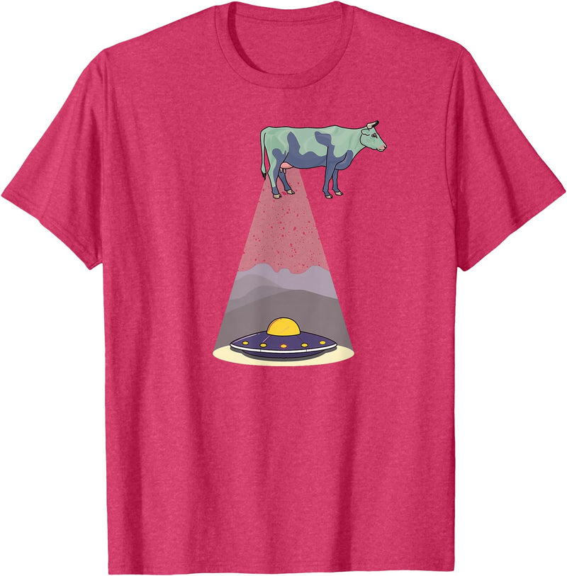 Funny Alien Abduction Cow UFO T-Shirt - Red Heather