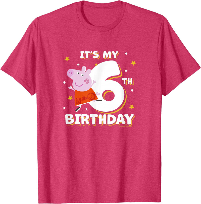 Peppa Pig It's My 6th Birthday Holiday Stars Celebration T-Shirt - Red Heather