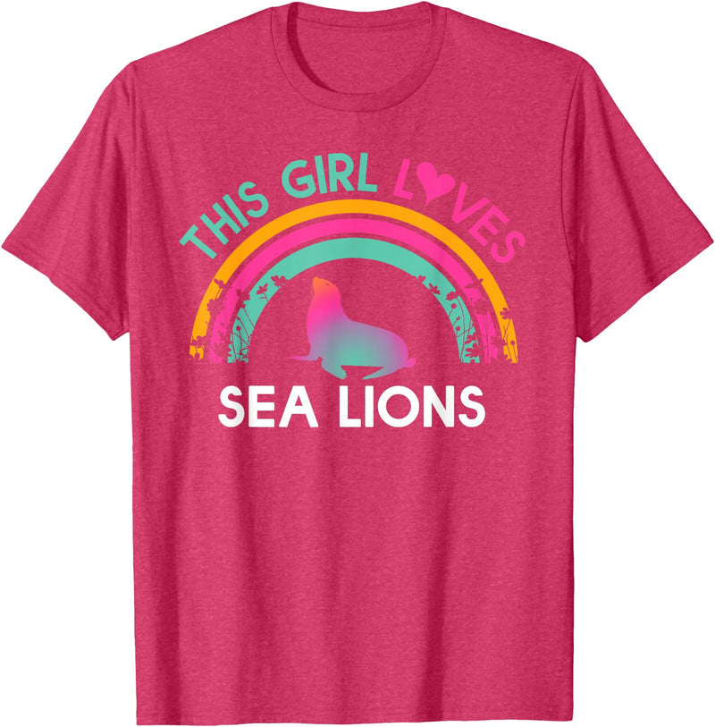 Rainbow Sea lions Outfit for toddler Girl Kids this Girl Loves Sea lions Cute Rainbow Silhouette T-Shirt - Red Heather