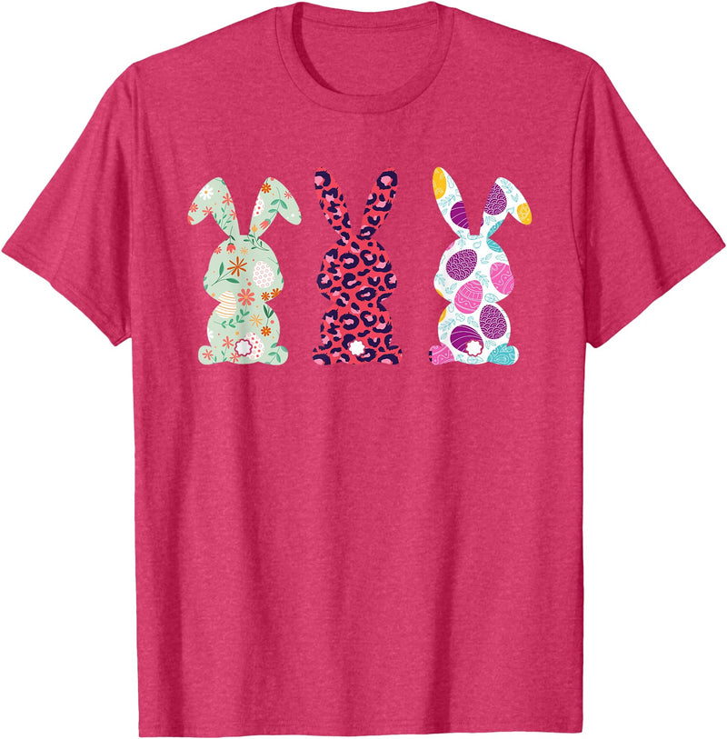 Cute Pink Leopard Eggs Flower Happy Easter Bunny Rabbit T-Shirt in Red Heather