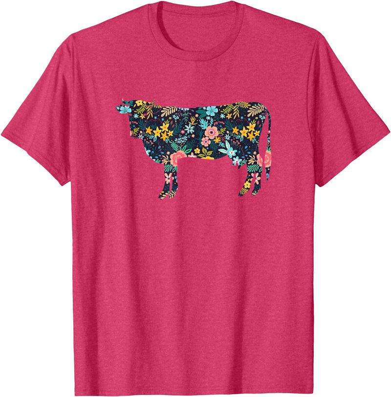 Cow Floral Silhouette Cattle Farm Lover Floral Cow Silhouette Womens Girls Cow Farm Animal T-Shirt - Red Heather