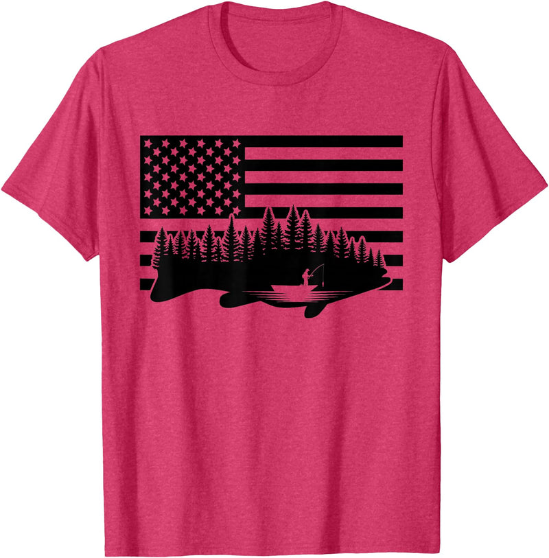 BASBO American Flag Fishing T-Shirt - Grey, Small, Unisex, Short Sleeve, Crew Neck, Classic Fit, Polyester 100%, Imported, Fishing Enthusiasts, Kids - Red Heather