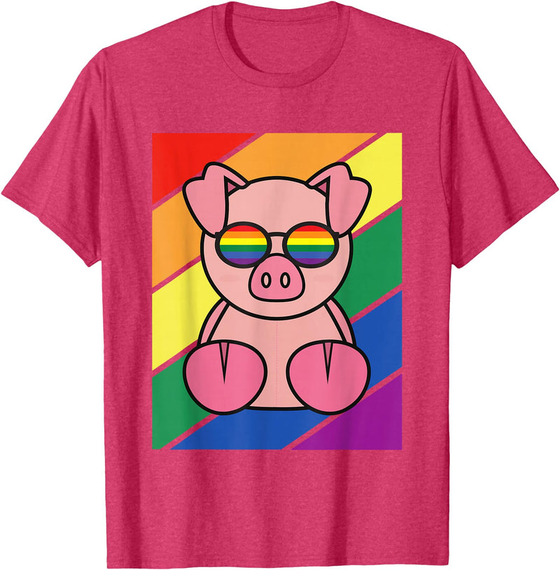 LGBTQ Flag Gay Pride Month Rainbow Pig With LGBT Glasses T-Shirt - Red Heather