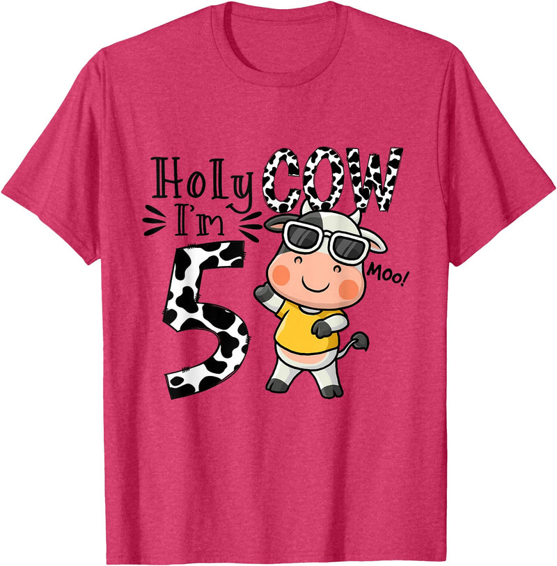 Holy Cow I'm 5 Birthday Boy Tee Gifts Cute 5th Cow Farm Animals Bday Holy Cow I'm 5 Birthday Boy T-Shirt - Red Heather