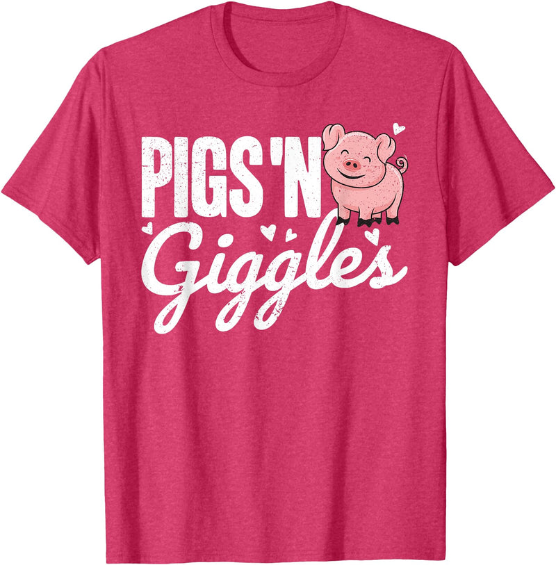 The Cute Pig Farming Apparel Co. Pigs 'n Giggles Funny Farm Pig Farmer Pigs Women Girls T-Shirt - Red Heather