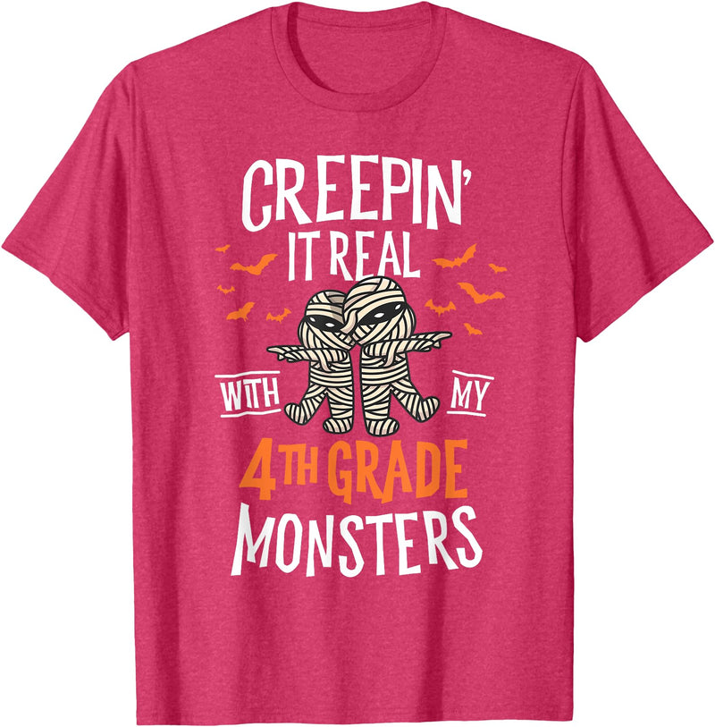 Halloween by Joy Haus Creepin It Real with My 4th Grade Monsters Halloween Teacher T-Shirt - Red Heather