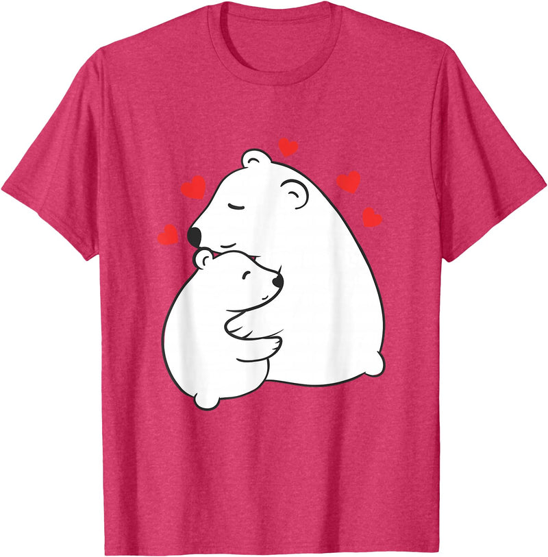 Mother's Day Clothing Gift Idea Cute Mama and Baby Polar Bear Cub Hugging Mothers Day T-Shirt - Red Heather