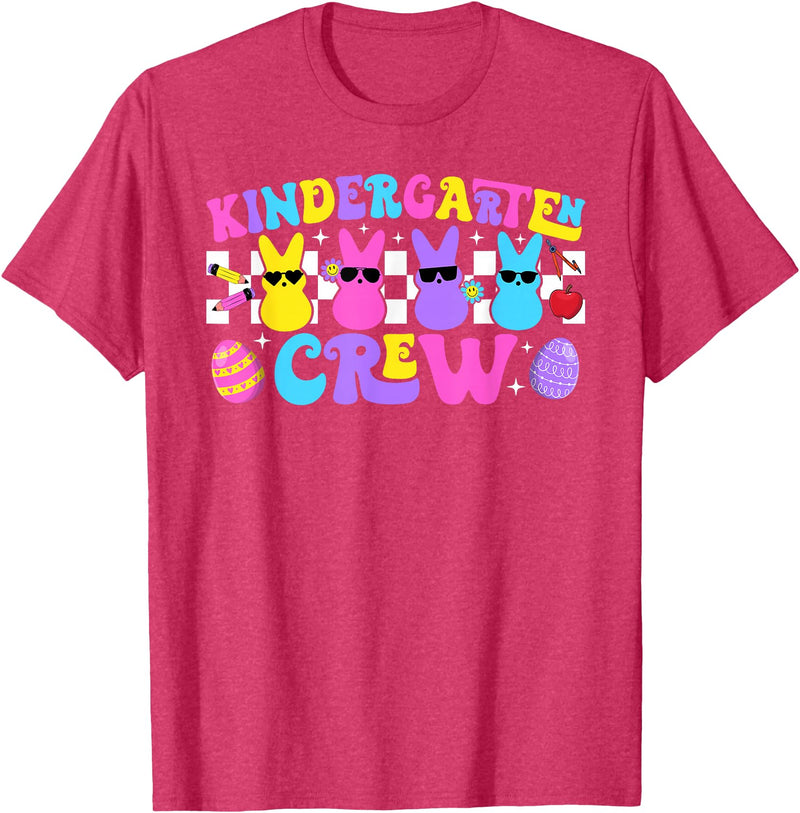 Kindergarten Crew Retro Bunny Teacher Easter Day Rabbit T-Shirt in Red Heather
