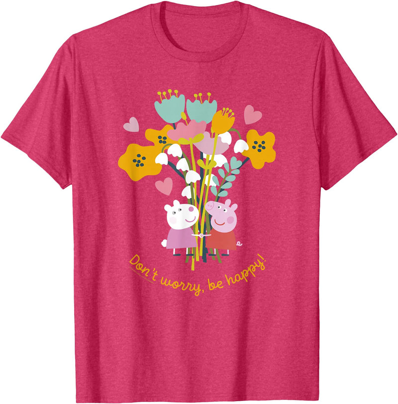 Peppa Pig Don't Worry Be Happy Floral Logo T-Shirt - Red Heather